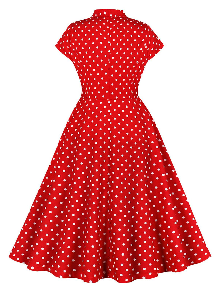 Red 1950s Polka Dot Buttoned Lapel Dress, vintage dress, retro fashion, rockabilly, pin-up fashion - perfect for women who love vintage and retro fashion