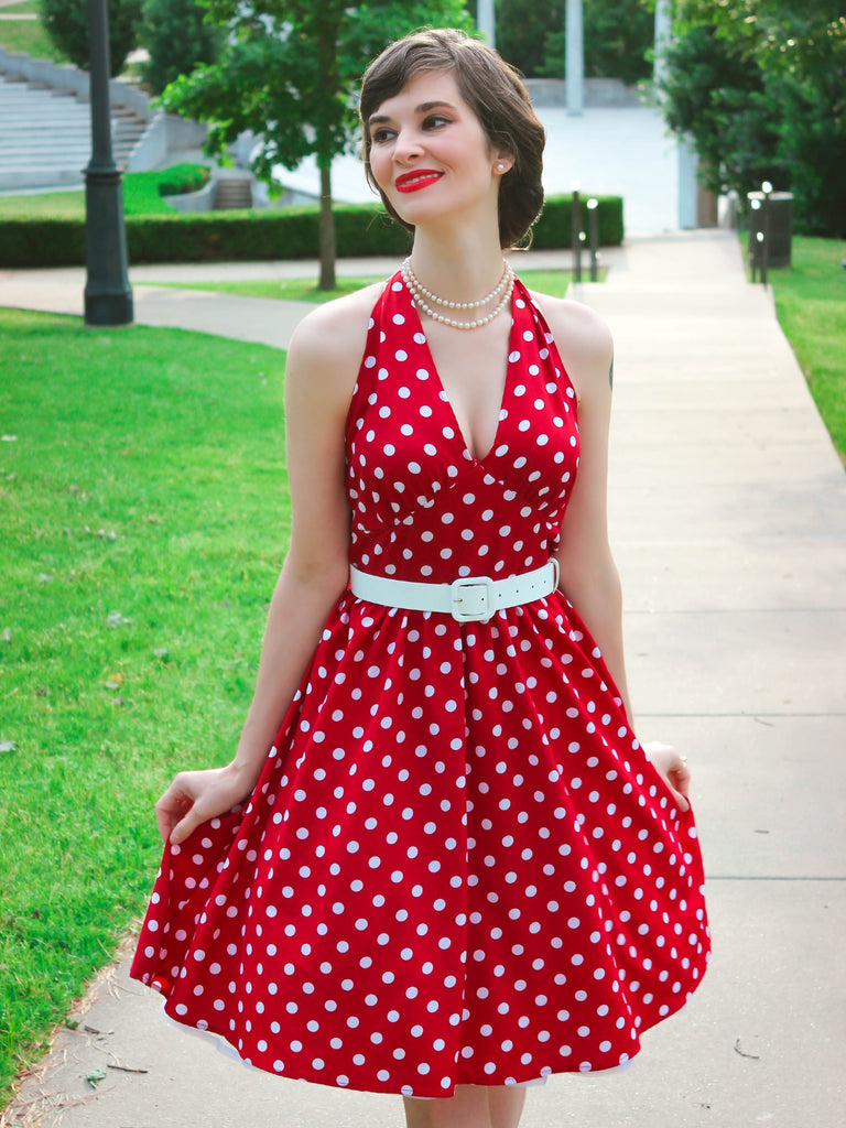 Red 1950s Polka Dot Halter Dress, vintage dress, retro fashion, rockabilly, pin-up fashion - perfect for women who love vintage and retro fashion