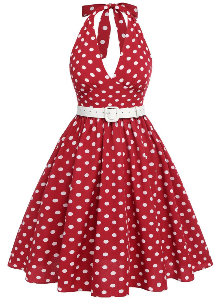 She slips into this Red 1950s Polka Dot Halter Dress and suddenly it's a 1950s daydream