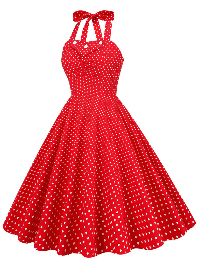 Red 1950s Polka Dot Halter Swing Dress: where 1950s romance meets her modern spirit