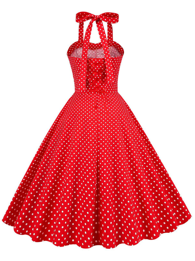This Red 1950s Polka Dot Halter Swing Dress wraps her in 1950s elegance, one twirl at a time