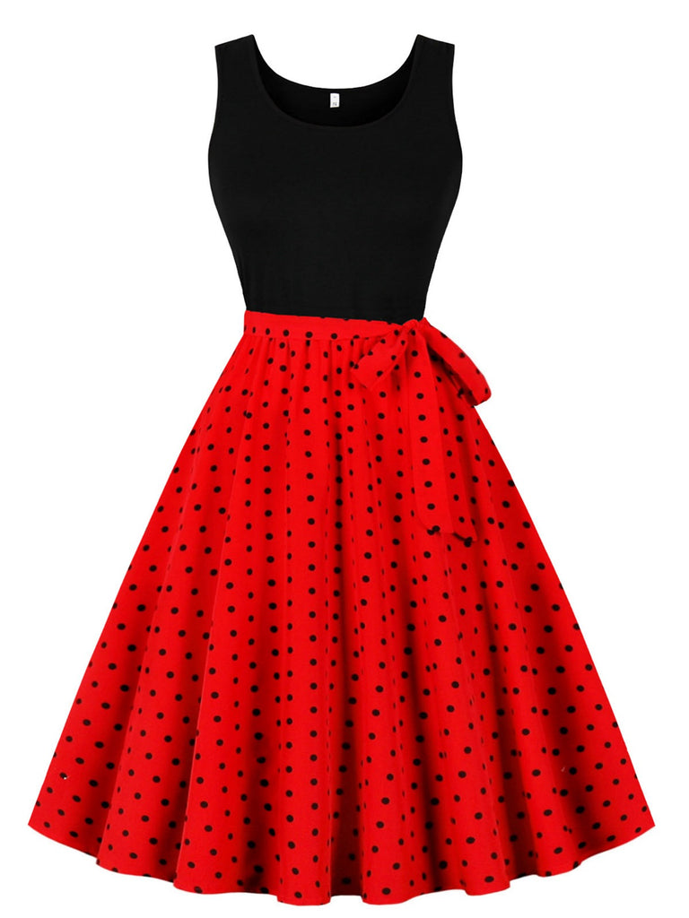 Red 1950s Polka Dot Patchwork Belt Dress, vintage dress, retro fashion, rockabilly, pin-up fashion - perfect for women who love vintage and retro fashion