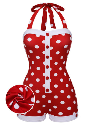She's wearing Red 1950s Polka Dot Patchwork Halter Swimsuit and the whole beach remembers the 1950s
