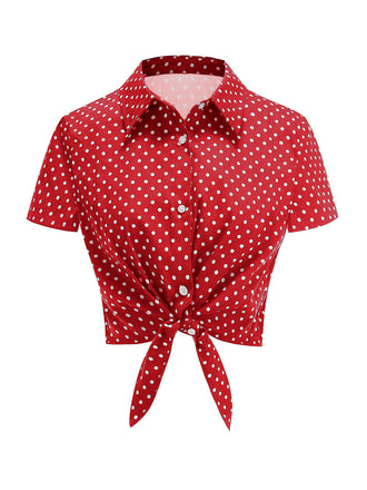 Red 1950s Polka Dot Tie-Front Cropped Blouse - vintage blouse, retro top, classic style for vintage lovers