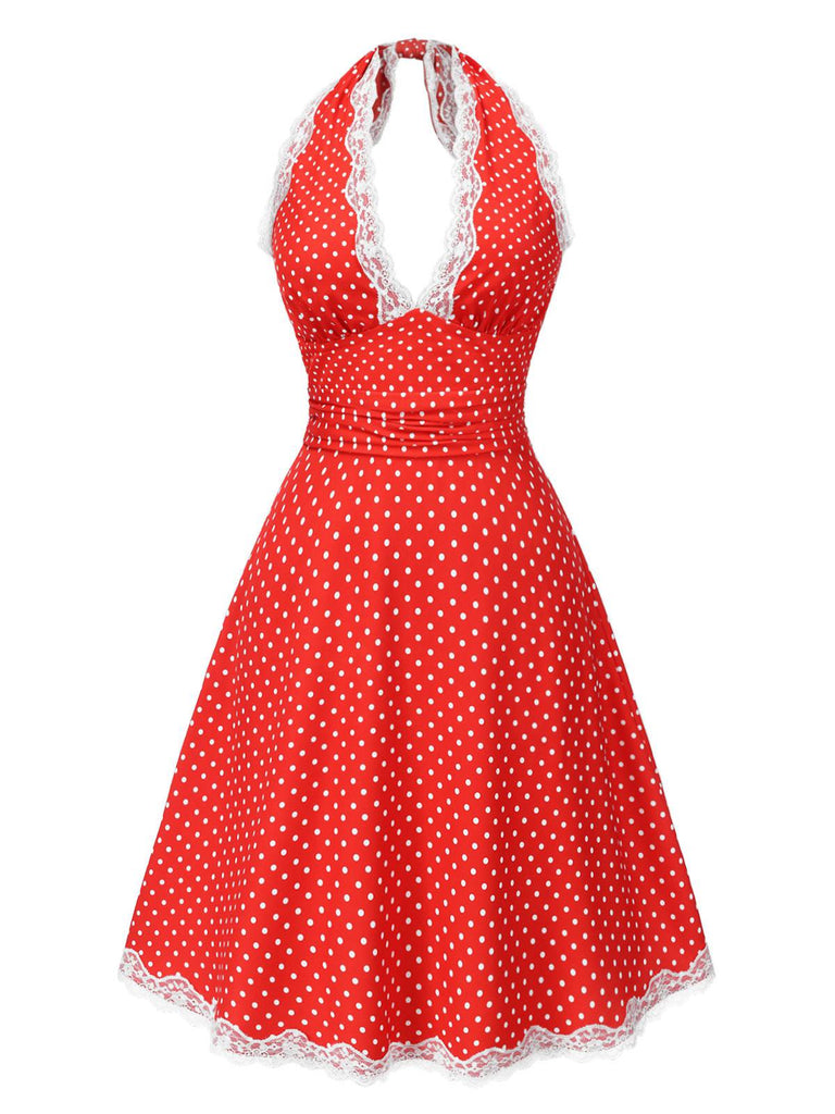 Red 1950s Polka Dots Pleated Lace Halter Dress: where 1950s romance meets her modern spirit
