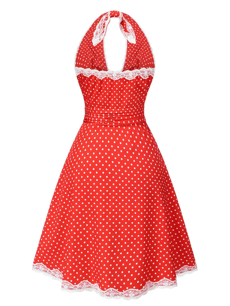 Red 1950s Polka Dots Pleated Lace Halter Dress — the kind of 1950s dress that makes strangers smile
