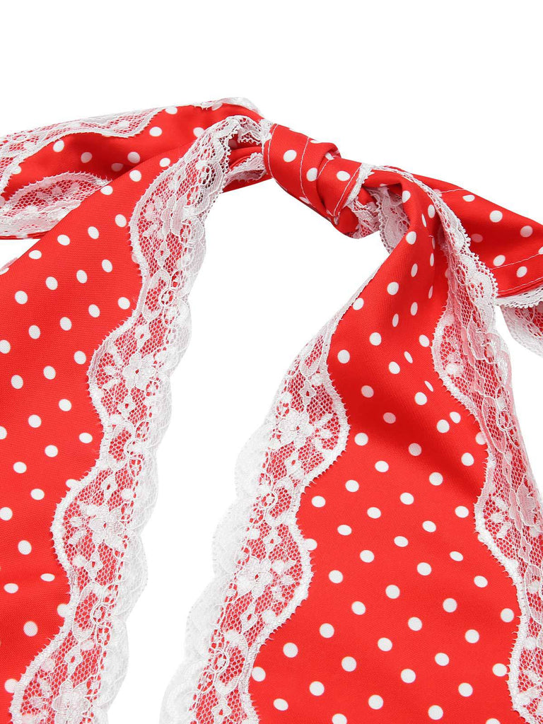 Red 1950s Polka Dots Pleated Lace Halter Dress — a 1950s silhouette that turns sidewalks into runways