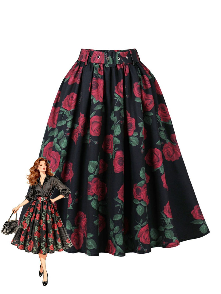 Red 1950s Rose Floral Pleated Skirt, vintage skirt, retro style - perfect for women who love vintage and retro fashion