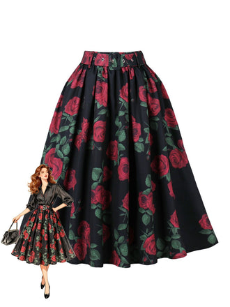 Red 1950s Rose Floral Pleated Skirt, vintage skirt, retro style - perfect for women who love vintage and retro fashion