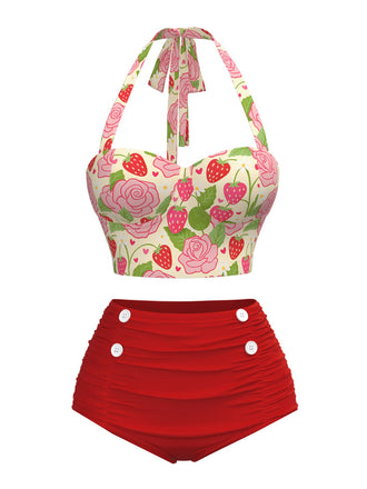 She's wearing Red 1950s Rose & Strawberry Halter Swimsuit and the whole beach remembers the 1950s