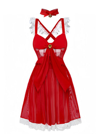 Red 1950s Ruffle Strap Lace Sheer Nightdress - vintage dress, retro fashion, rockabilly