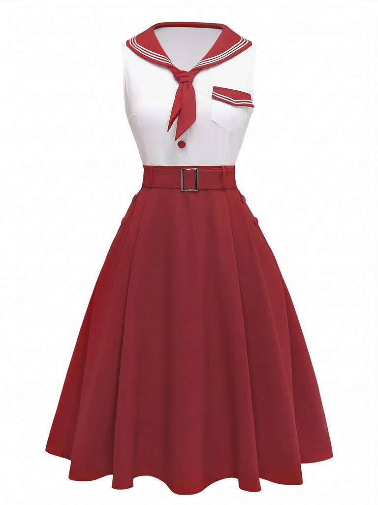 Retro Stage Sailor Collar Belted Sleeveless A-Line Dress
