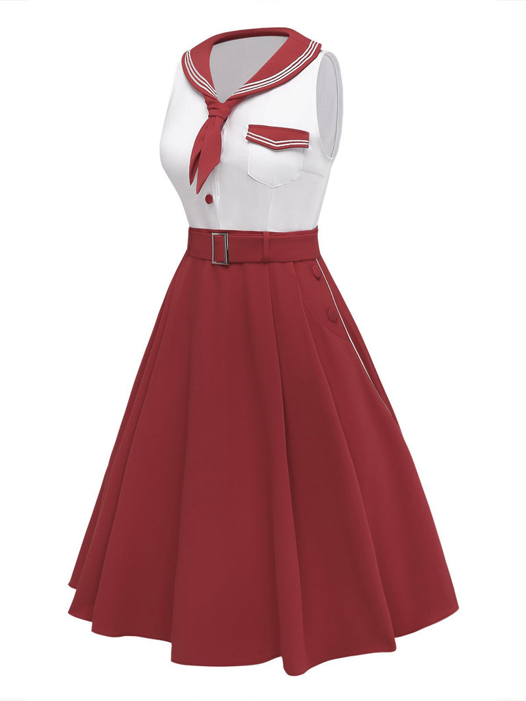 Retro Stage Sailor Collar Belted Sleeveless A-Line Dress
