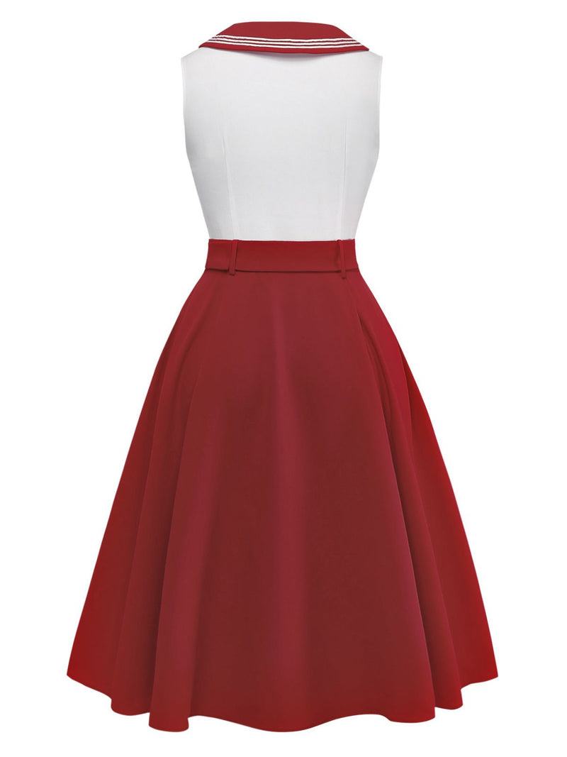 Retro Stage Sailor Collar Belted Sleeveless A-Line Dress