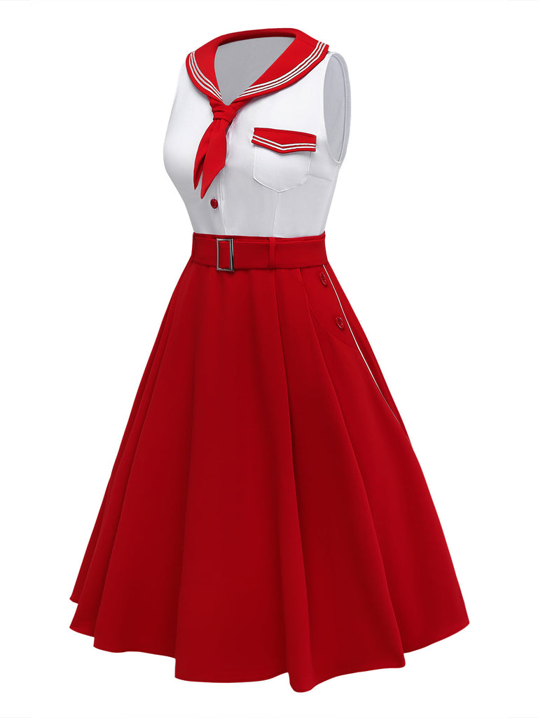 open lace back dress Pre-Sale] Red 1950s Sailor Collar Belted Sleeveless A-Line Dress
