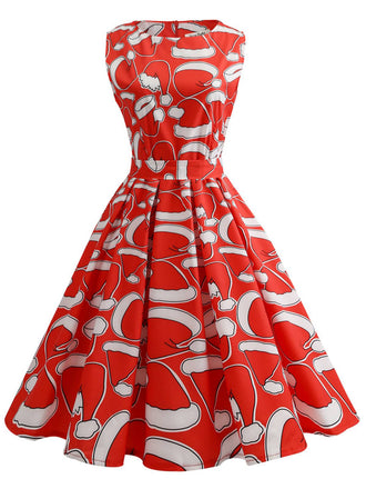 She slips into this Red 1950s Santa Hat Sleeveless Swing Dress and suddenly it's a 1950s daydream