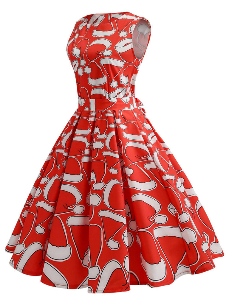 Red 1950s Santa Hat Sleeveless Swing Dress: where 1950s romance meets her modern spirit