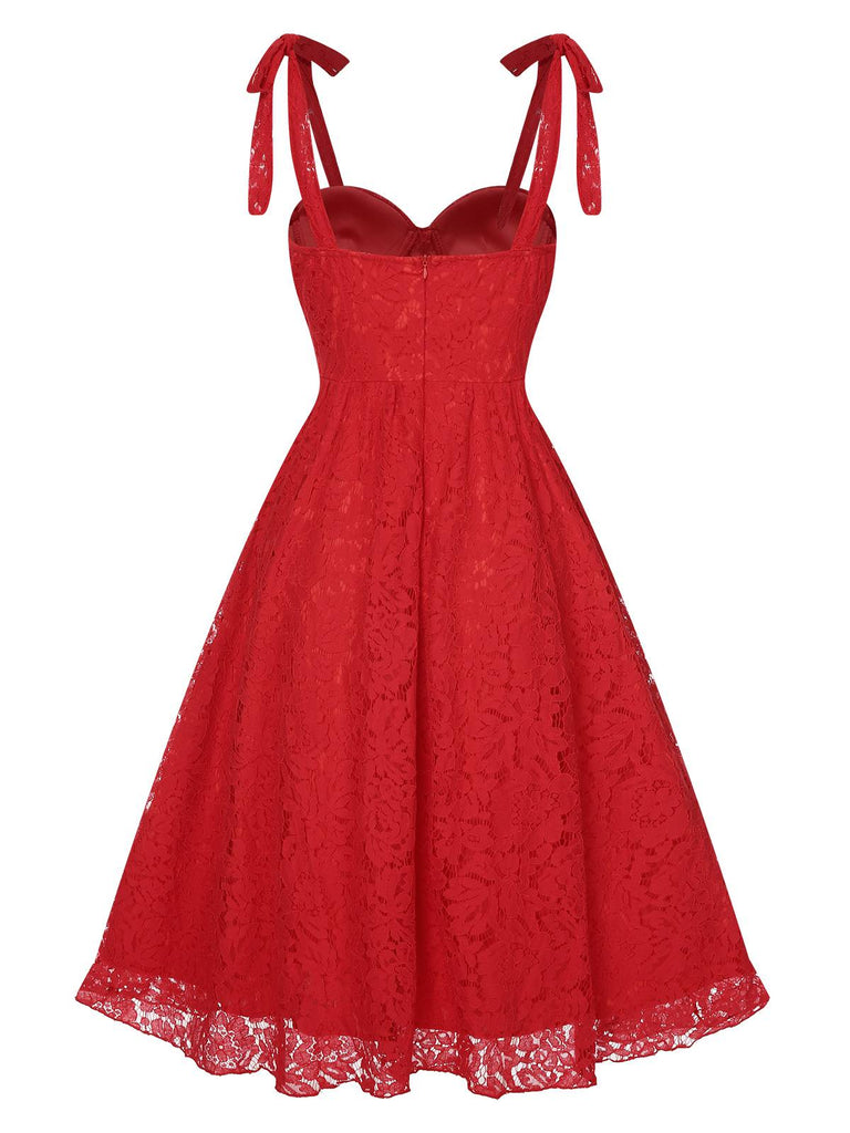 Red 1950s Shoulder Straps Lace Swing Dress, vintage dress, retro fashion, rockabilly, pin-up fashion - perfect for women who love vintage and retro fashion
