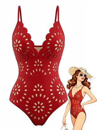 Red 1950s Solid Burnout Petal Collar Swimsuit - vintage swimsuit, pin-up style, elegant red
