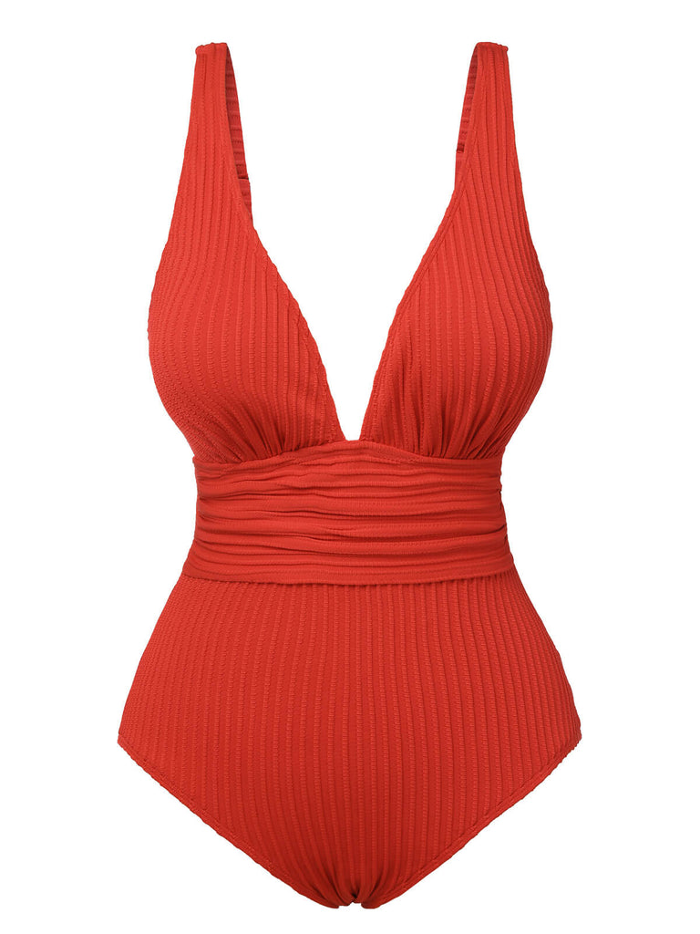 Red 1950s Solid Deep V One-Piece Swimsuit, vintage swimsuit, pin-up swimwear - perfect for women who love vintage and retro fashion