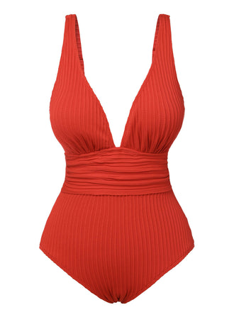 Red 1950s Solid Deep V One-Piece Swimsuit, vintage swimsuit, pin-up swimwear - perfect for women who love vintage and retro fashion