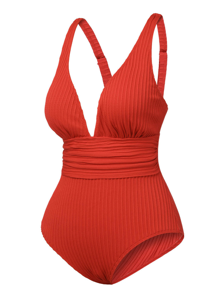 Red 1950s Solid Deep V One-Piece Swimsuit, vintage swimsuit, pin-up swimwear - perfect for women who love vintage and retro fashion