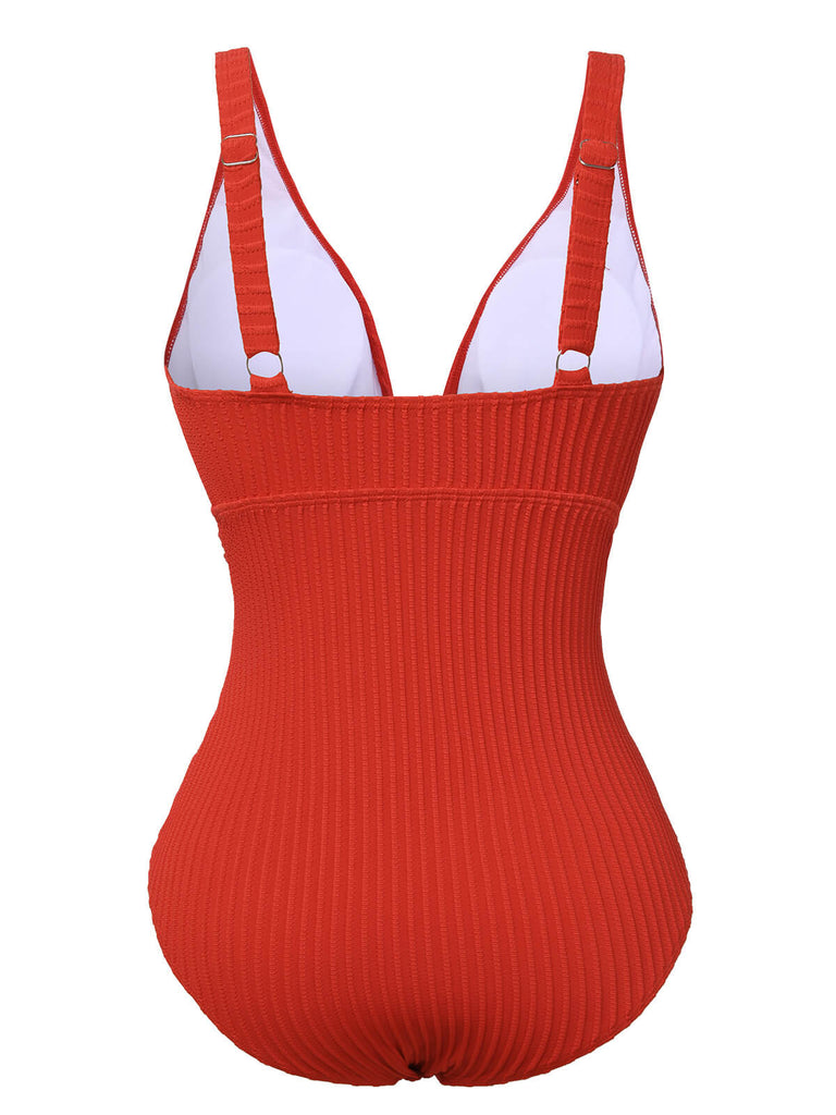 Red 1950s Solid Deep V One-Piece Swimsuit, vintage swimsuit, pin-up swimwear - perfect for women who love vintage and retro fashion