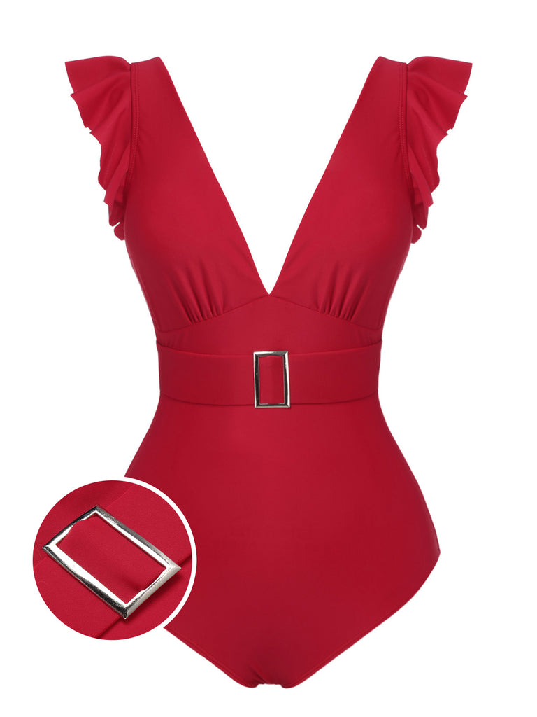 Red 1950s Solid Deep V-Neck Belt Swimsuit, vintage swimsuit, pin-up swimwear - perfect for women who love vintage and retro fashion