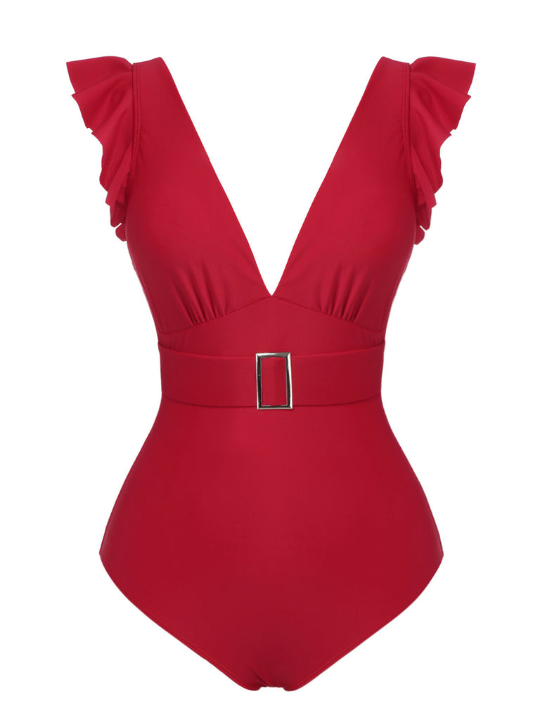Red 1950s Solid Deep V-Neck Belt Swimsuit, vintage swimsuit, pin-up swimwear - perfect for women who love vintage and retro fashion