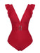Red 1950s Solid Deep V-Neck Belt Swimsuit, vintage swimsuit, pin-up swimwear - perfect for women who love vintage and retro fashion