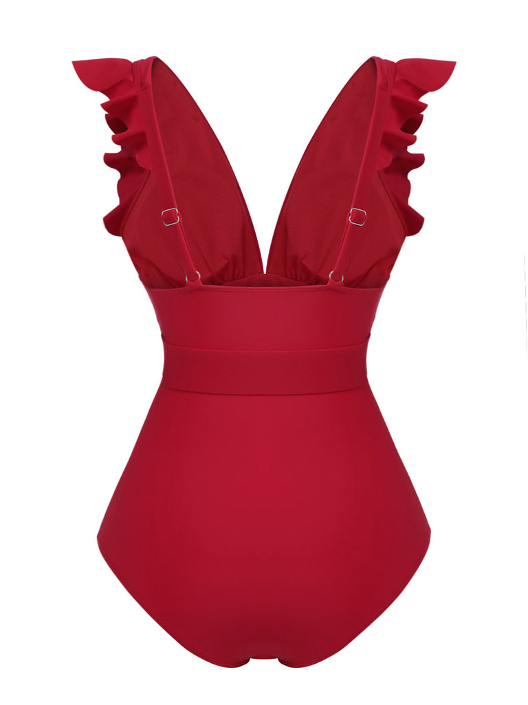 Red 1950s Solid Deep V-Neck Belt Swimsuit, vintage swimsuit, pin-up swimwear - perfect for women who love vintage and retro fashion