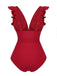 Red 1950s Solid Deep V-Neck Belt Swimsuit, vintage swimsuit, pin-up swimwear - perfect for women who love vintage and retro fashion