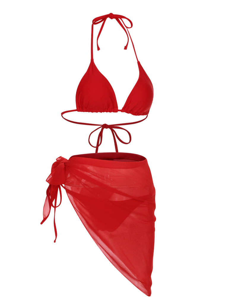 Red 1950s Solid Halter Bikini Set & Cover-Up, vintage swimsuit, pin-up swimwear - perfect for women who love vintage and retro fashion