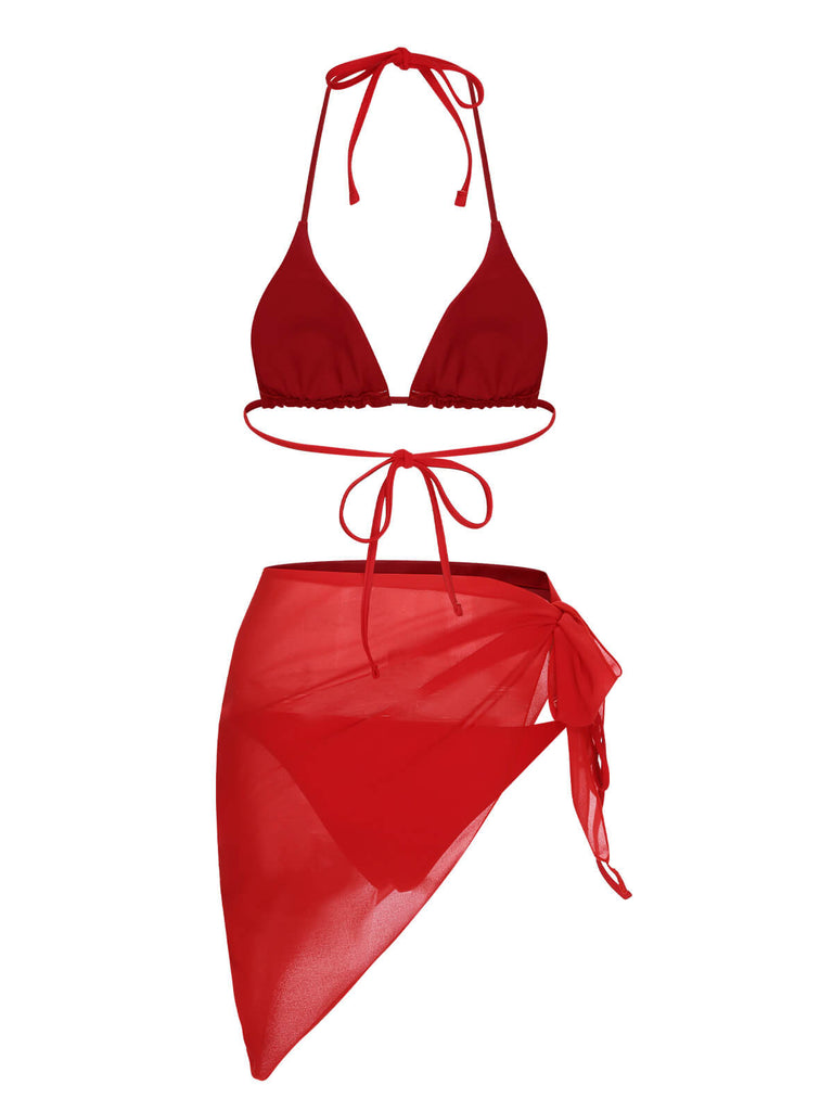 Red 1950s Solid Halter Bikini Set & Cover-Up, vintage swimsuit, pin-up swimwear - perfect for women who love vintage and retro fashion
