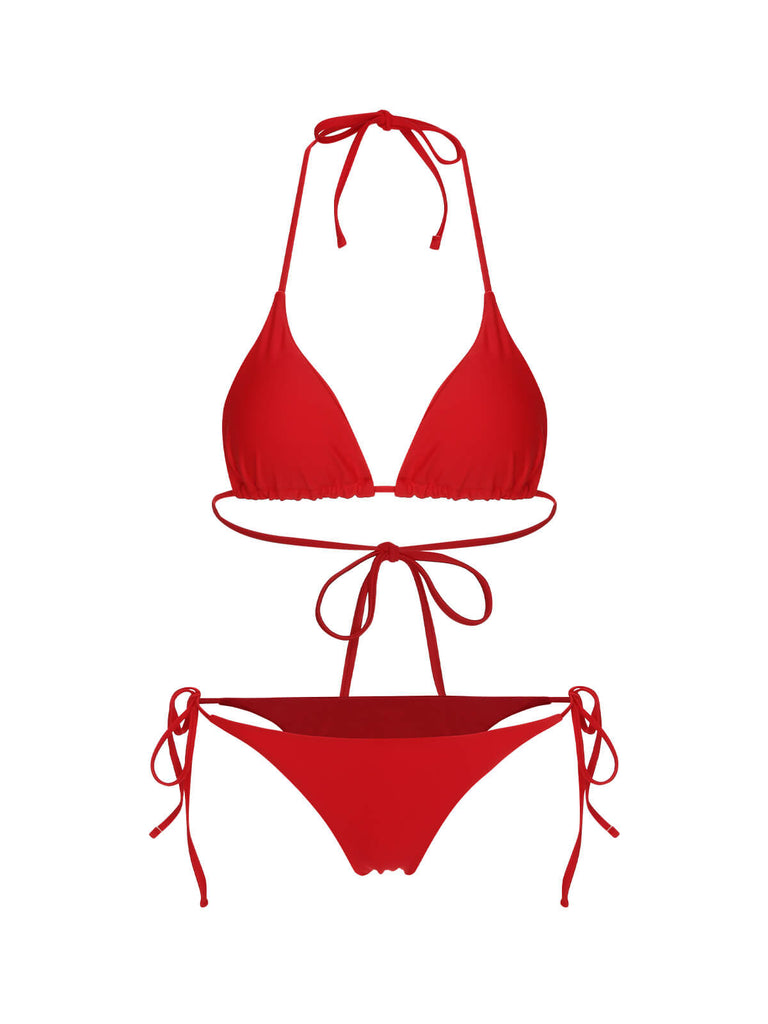 Red 1950s Solid Halter Bikini Set & Cover-Up, vintage swimsuit, pin-up swimwear - perfect for women who love vintage and retro fashion
