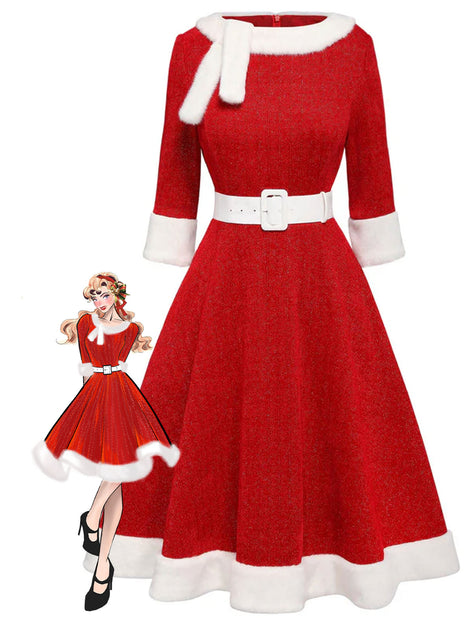 Christmas Santa Claus Dress Corduroy Faux Fur Trim Long Sleeves Dress Red