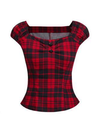She pairs this Red 1950s Square Neck Plaid Tops with confidence and 1950s charm
