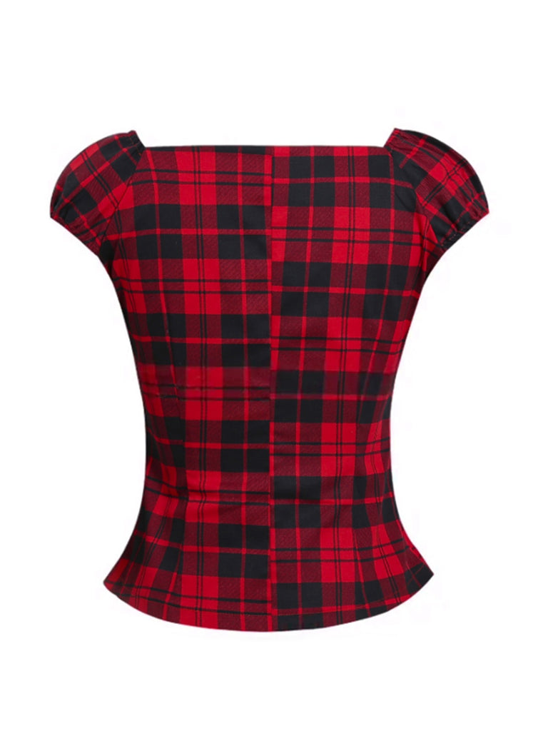 トップス SQUARE NECK LADY LIKE PLEATS TOP Red 1950s Square Neck Plaid Tops | Retro Stage