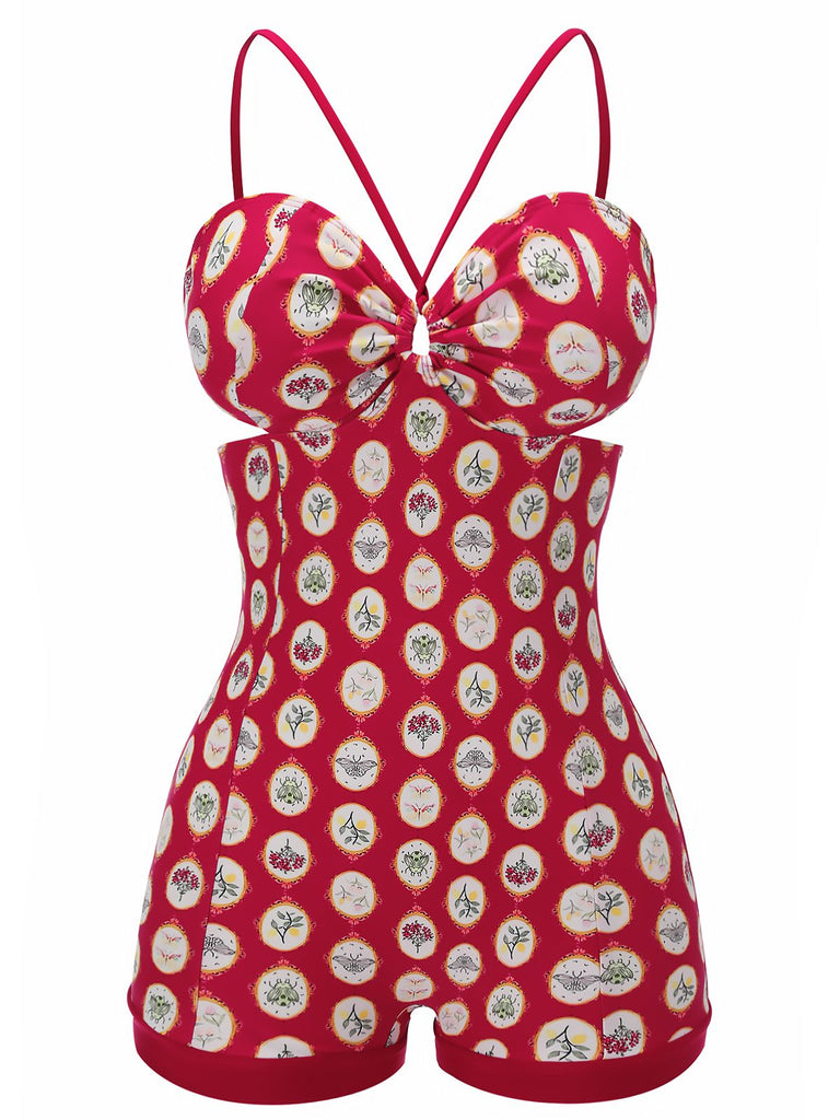 Red 1950s Strap Floral One-piece Swimsuit, vintage swimsuit, pin-up swimwear - perfect for women who love vintage and retro fashion