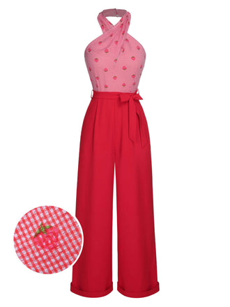 Red 1950s Strawberry Cross Halter Jumpsuit, vintage romper, retro jumpsuit - perfect for women who love vintage and retro fashion