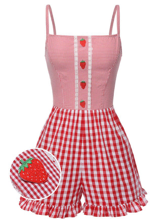 She finds her 1950s story in this Red 1950s Strawberry Plaid Suspender Romper