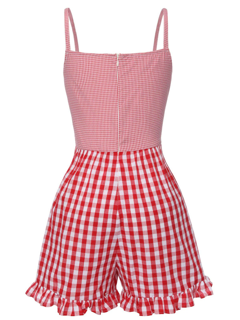 Red 1950s Strawberry Plaid Suspender Romper — 1950s style that transcends decades