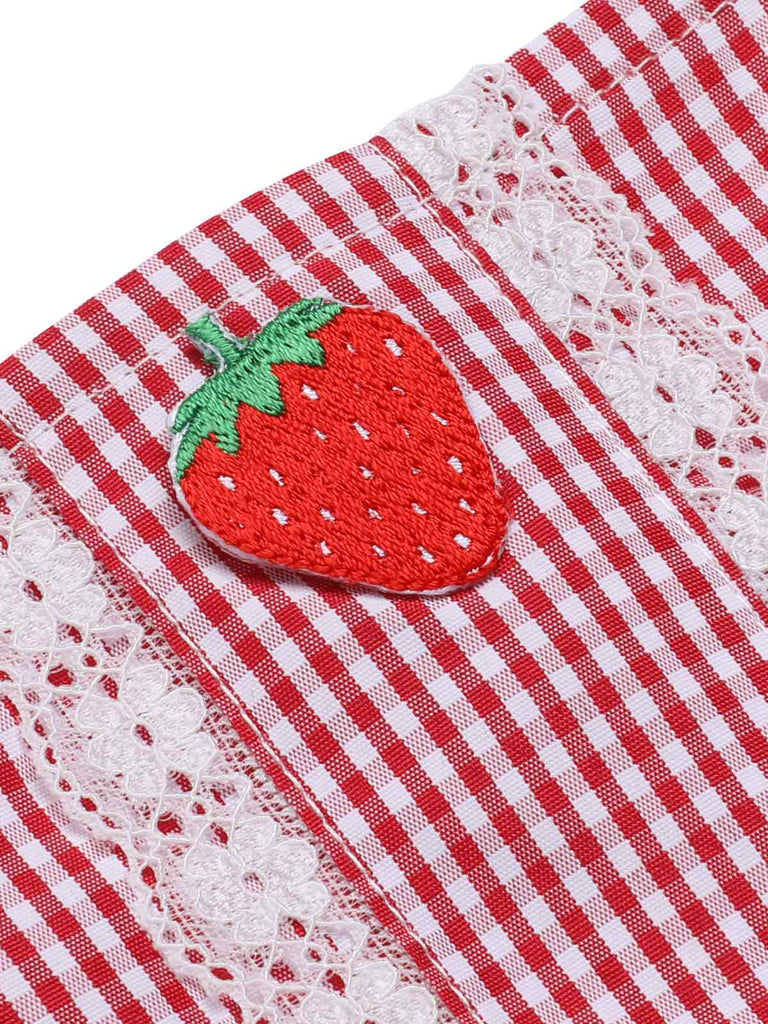 Red 1950s Strawberry Plaid Suspender Romper — 1950s vintage charm for her modern wardrobe