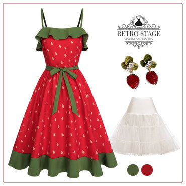 Red 1950s Strawberry Ruffle Belt Dress, vintage dress, retro fashion, rockabilly, pin-up fashion - perfect for women who love vintage and retro fashion