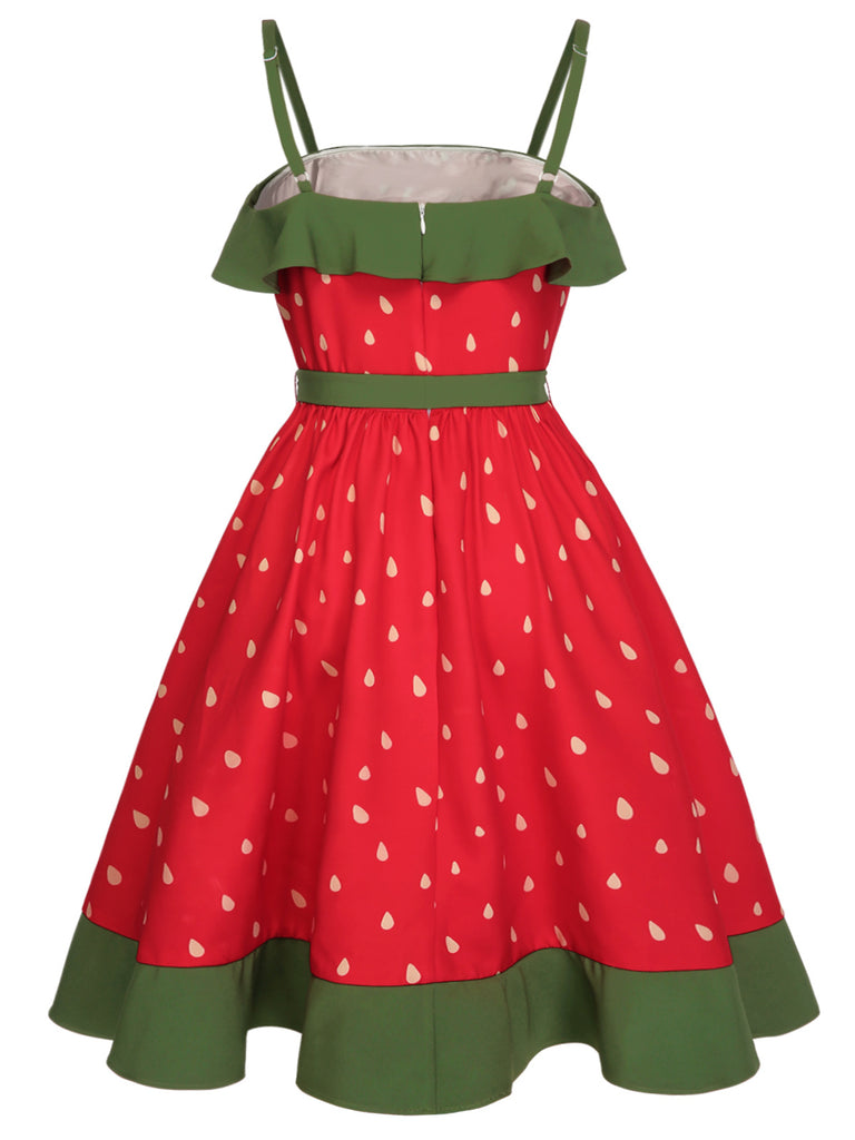 This Red 1950s Strawberry Ruffle Belt Dress wraps her in 1950s elegance, one twirl at a time