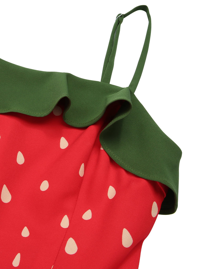 Red 1950s Strawberry Ruffle Belt Dress — the kind of 1950s dress that makes strangers smile