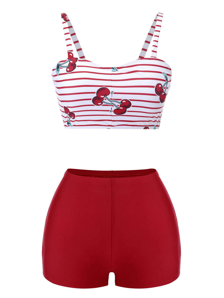 Red 1950s Striped Cherry Strap Swimsuit, vintage swimsuit, pin-up swimwear - perfect for women who love vintage and retro fashion