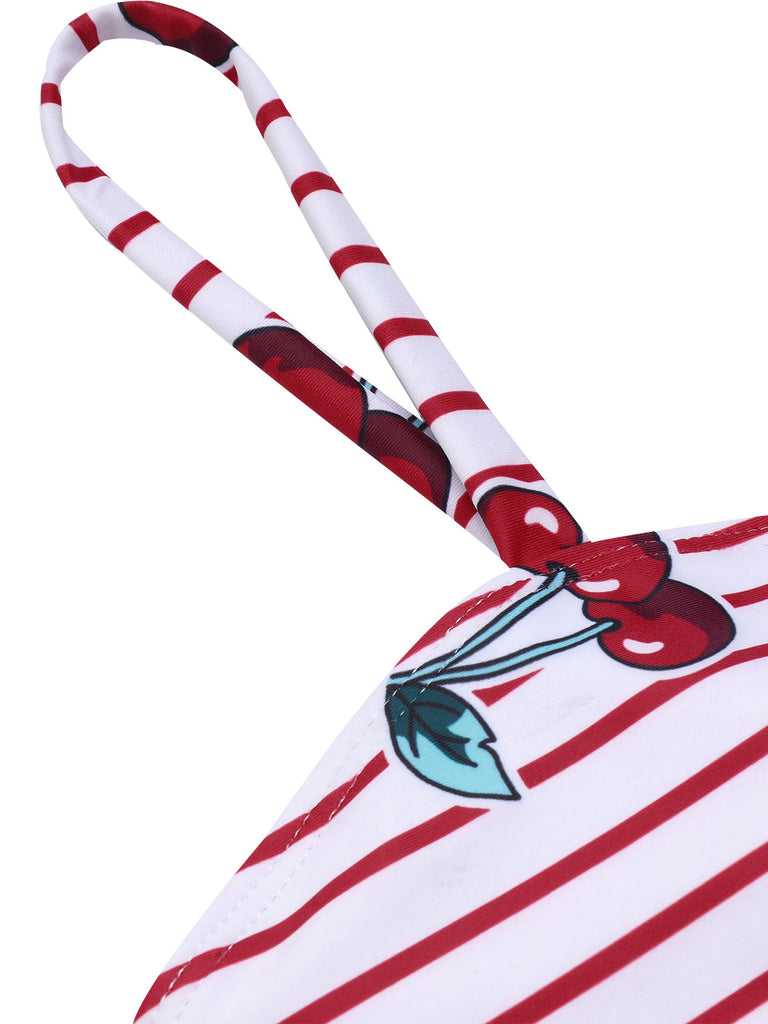 Red 1950s Striped Cherry Strap Swimsuit, vintage swimsuit, pin-up swimwear - perfect for women who love vintage and retro fashion