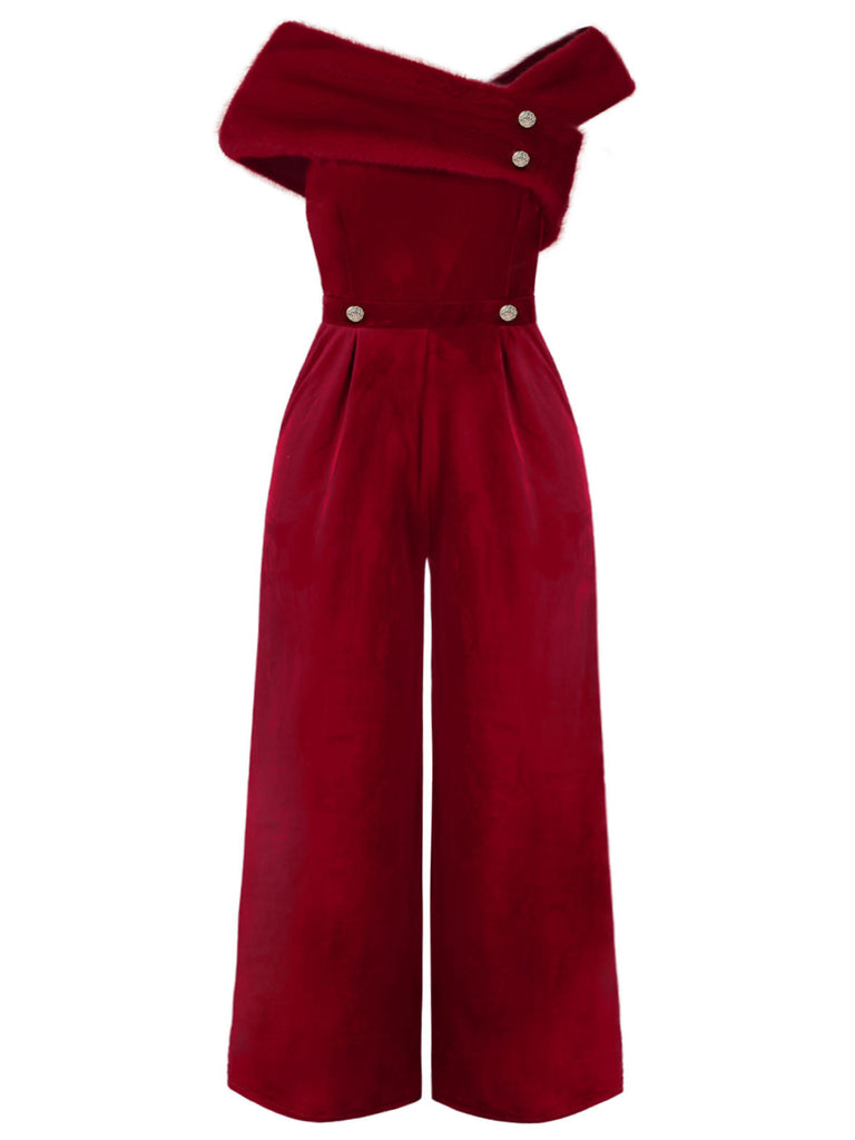 She finds her 1950s story in this Red 1950s Velvet Off Shoulder Button Jumpsuit