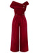 She finds her 1950s story in this Red 1950s Velvet Off Shoulder Button Jumpsuit